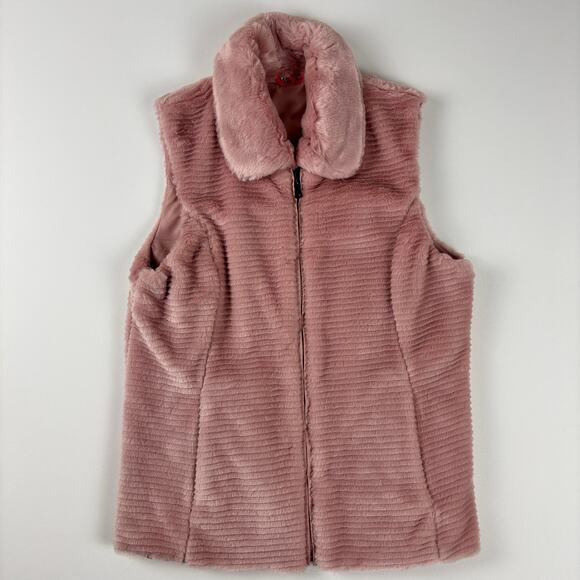 Liz Claiborne Blush Pink Ribbed Faux Fur Full Zip Reversible Vest w/ Pockets MED - Picture 1 of 12